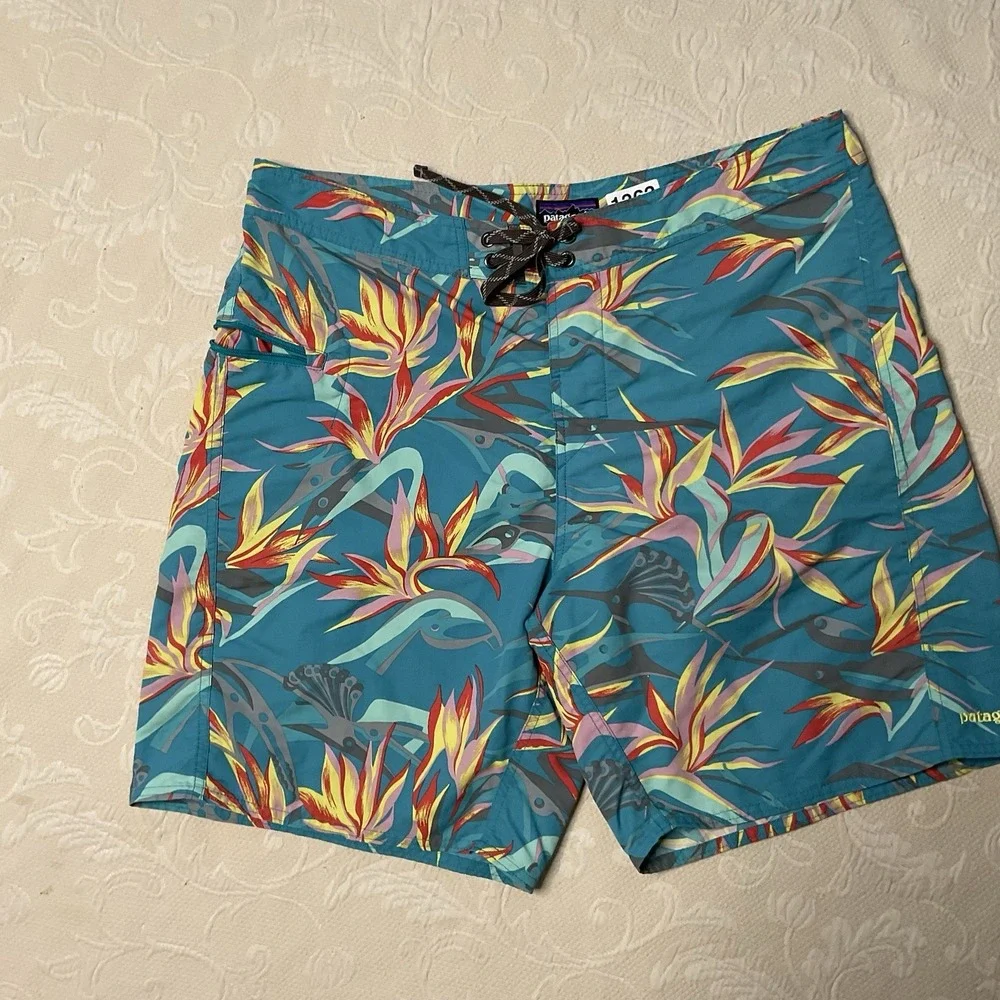 Patagonia Swim Trunks Men 35 Blue Floral Bird Of Paradise Wavefarer Board Shorts